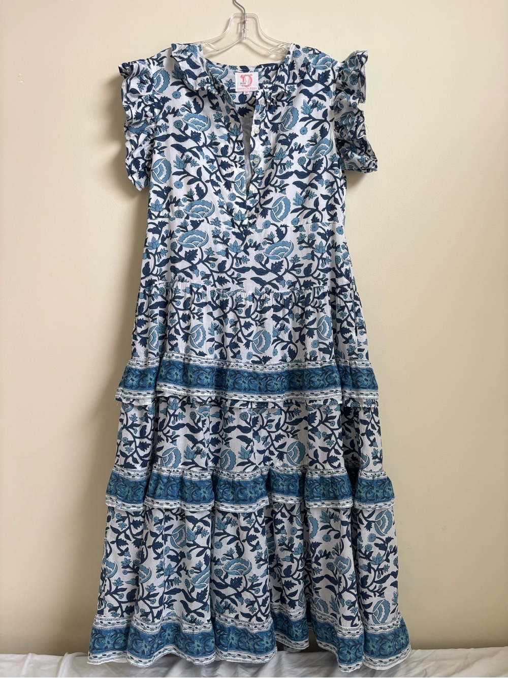 Victoria Dunn Blue and White Floral Tiered Maxi Dress